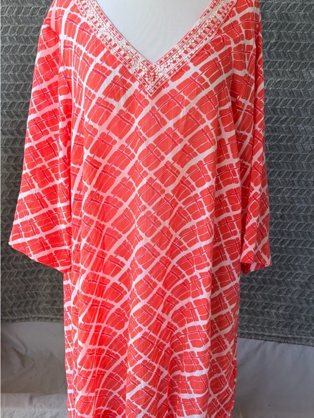 Lands' End Midi Dress Women 1X Coral White Geometric V-Neck Cotton Beach Boho